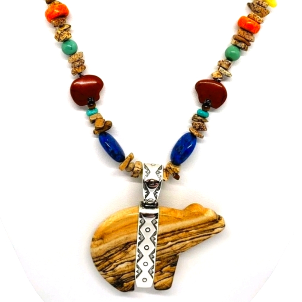 Carolyn Pollack Multicolor Stone Bear Pendant Necklace with Yellow Focal